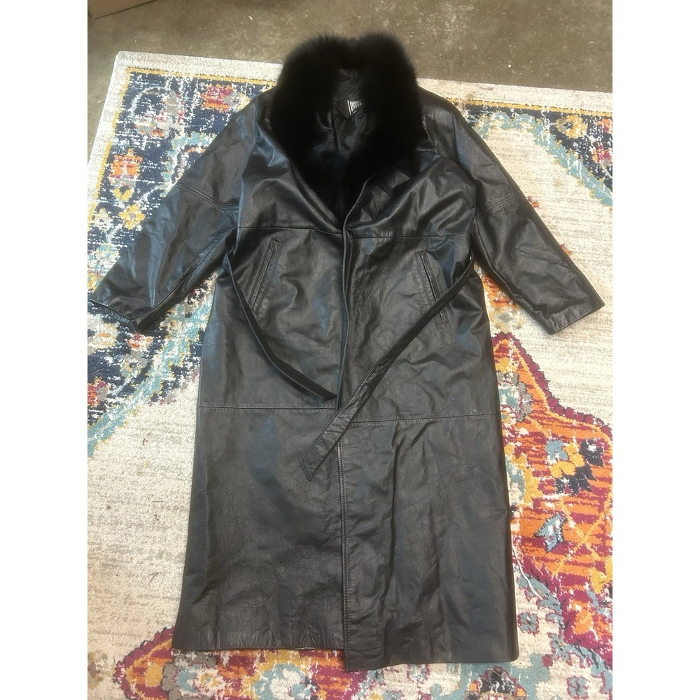 Vintage Greg Bell Trench Coat Womens L-XL Black Leather Belt Fox Fur Full Length